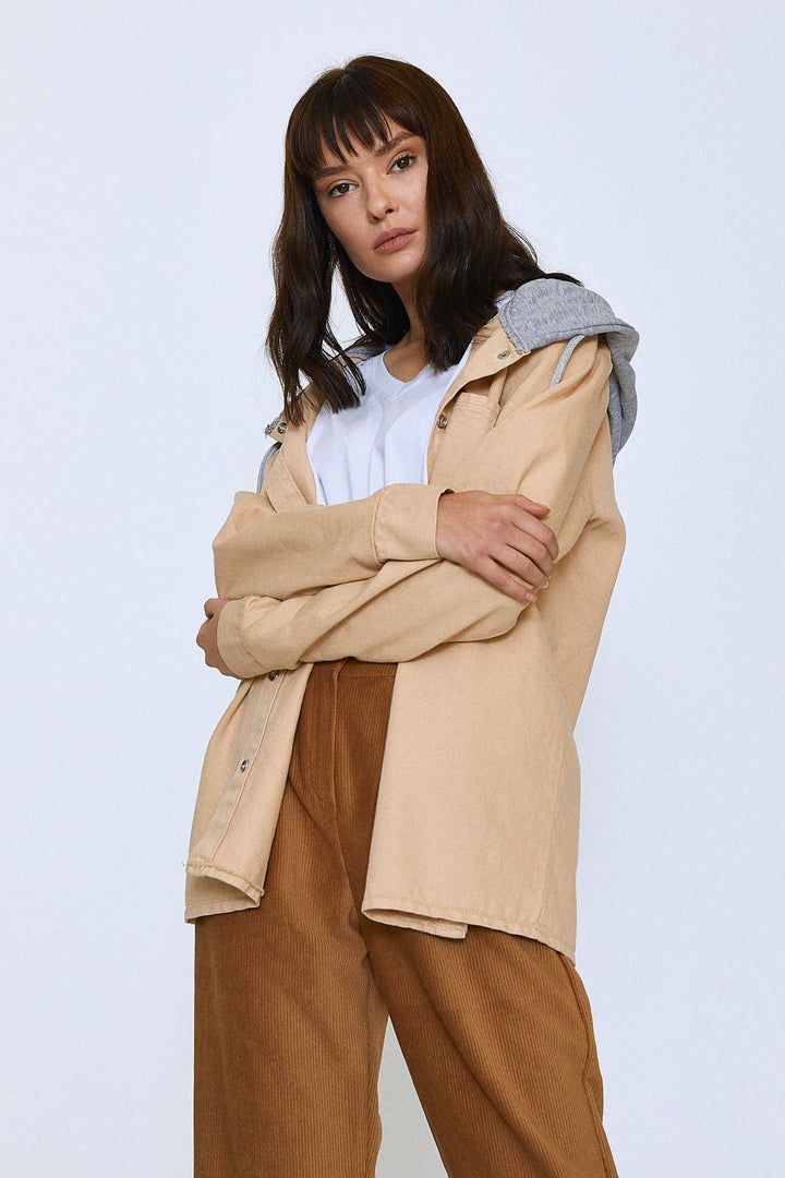 Hooded Shirt Jacket with Pockets Beige