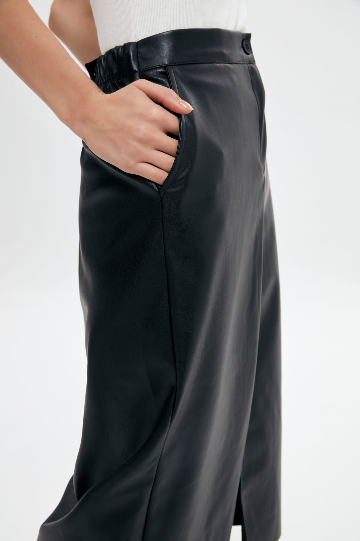 Front Slit Midi Leather Skirt Black