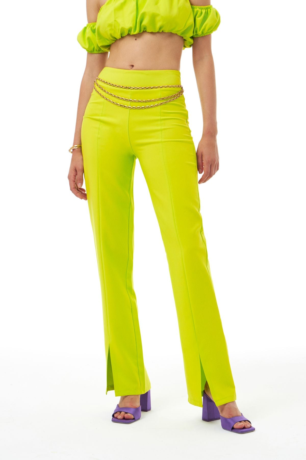 Yüksek Bel Paçası Yırtmaçlı Pantolon Neon Yeşil