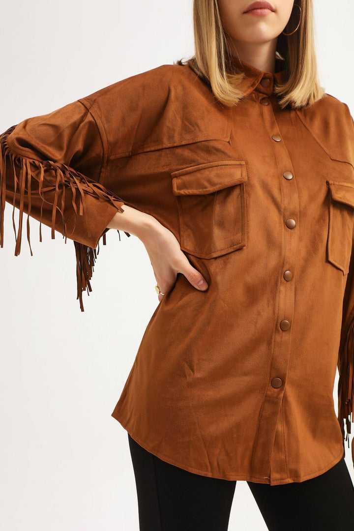 Püsküllü Süet Gömlek Taba