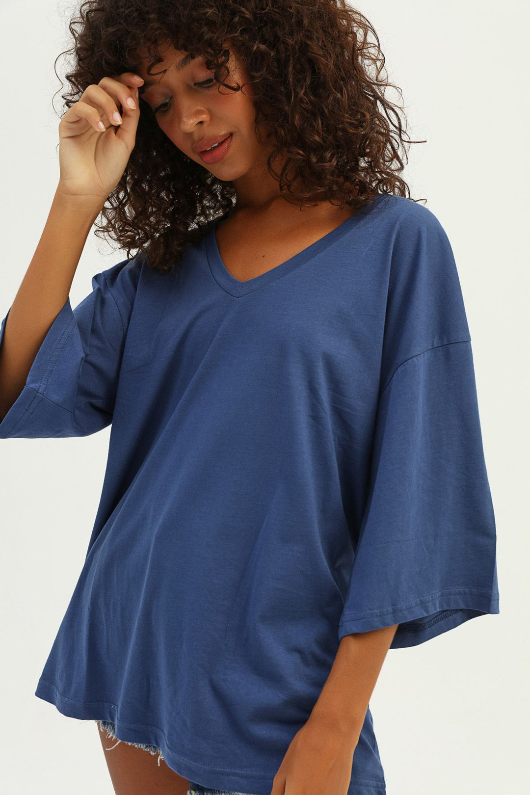 V Yaka Truvakar Kol Tişört İndigo