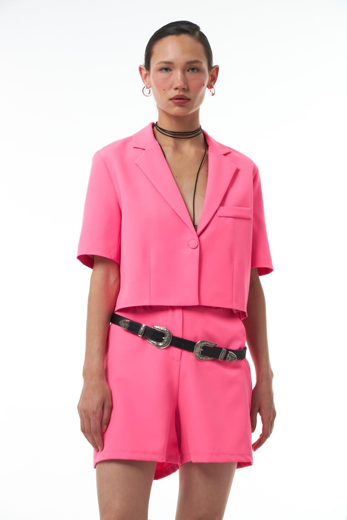 Short Sleeve Crop Blazer Jacket Neon Pink