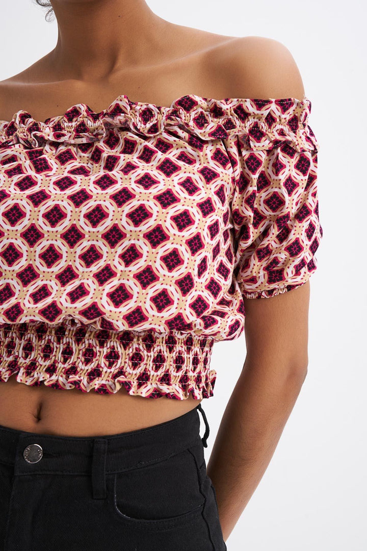 Patterned Off Shoulder Ruffle Detailed Blouse Claret Red