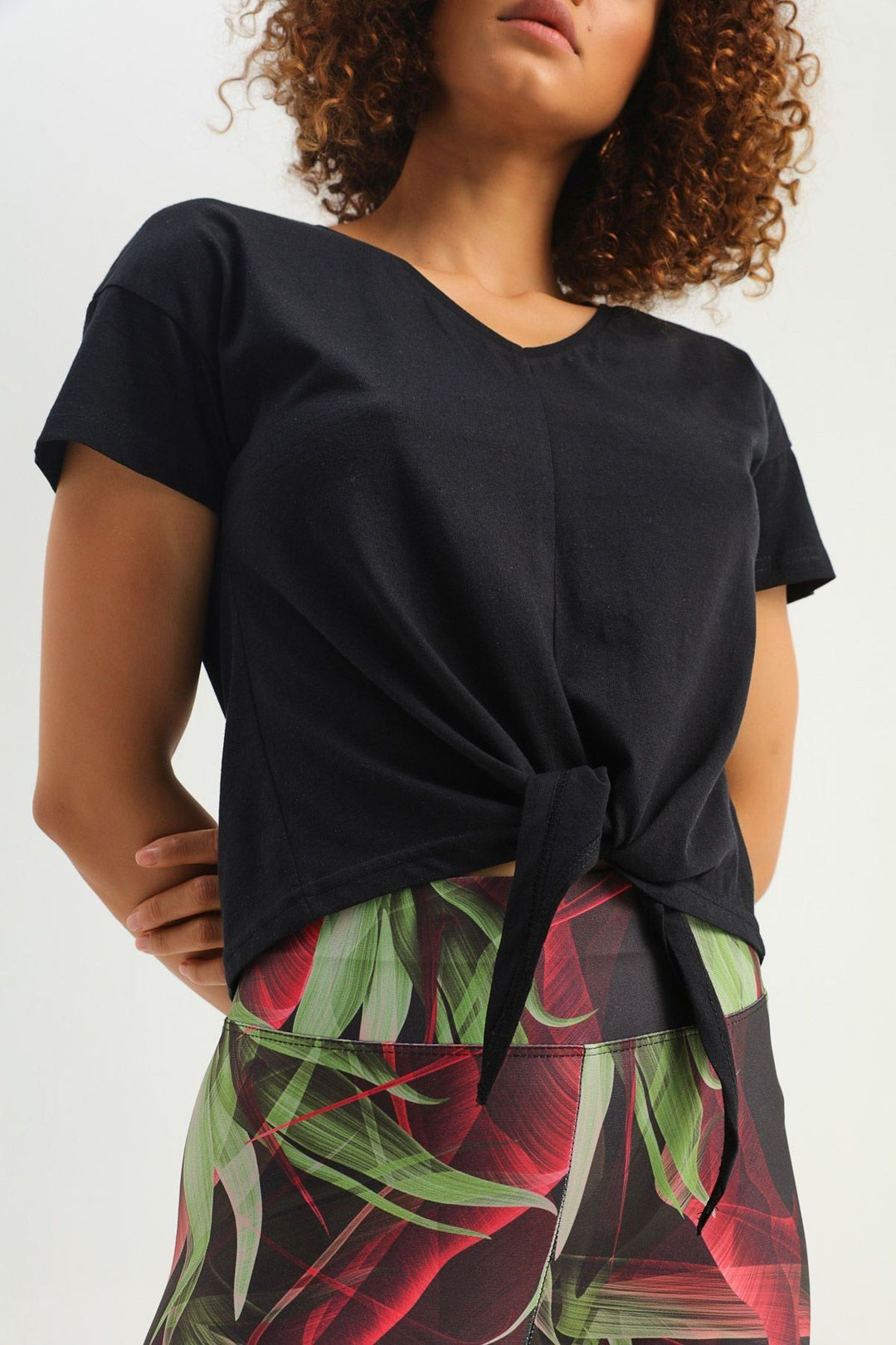 Tie Front V-Neck Sports T-Shirt Black