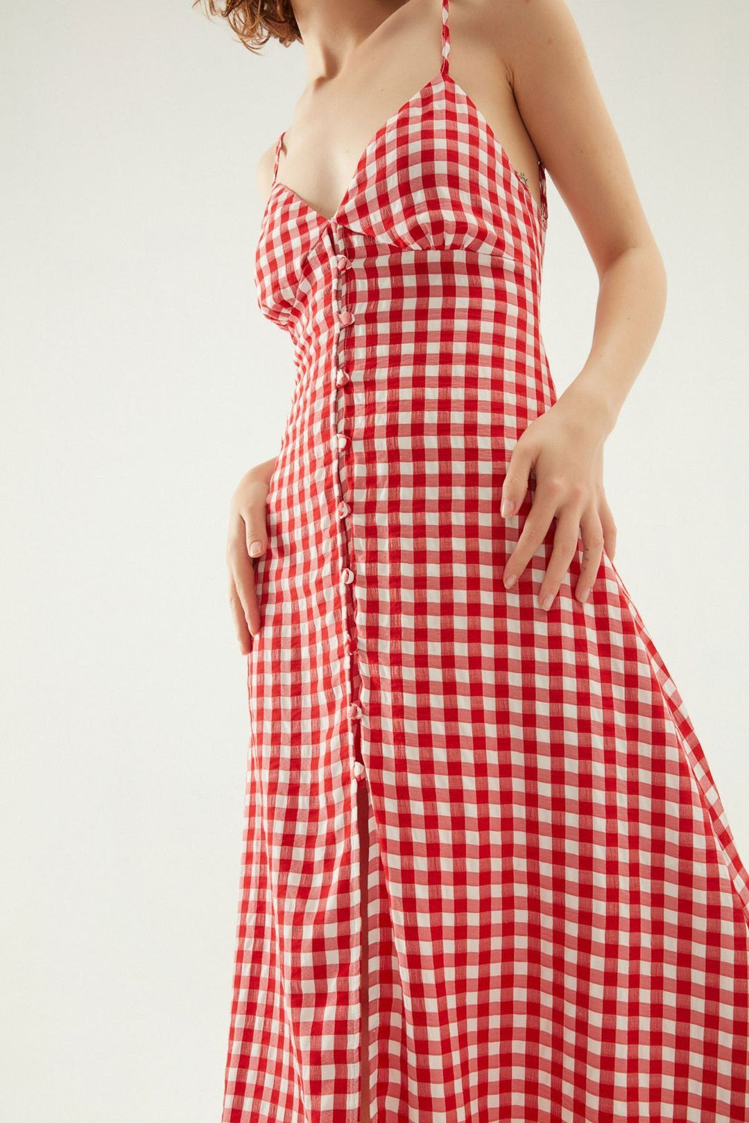 Düğmeli Ekose Elbise Kırmızı