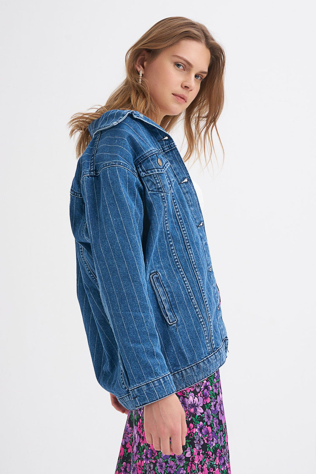Striped Long Denim Jacket Dark Blue