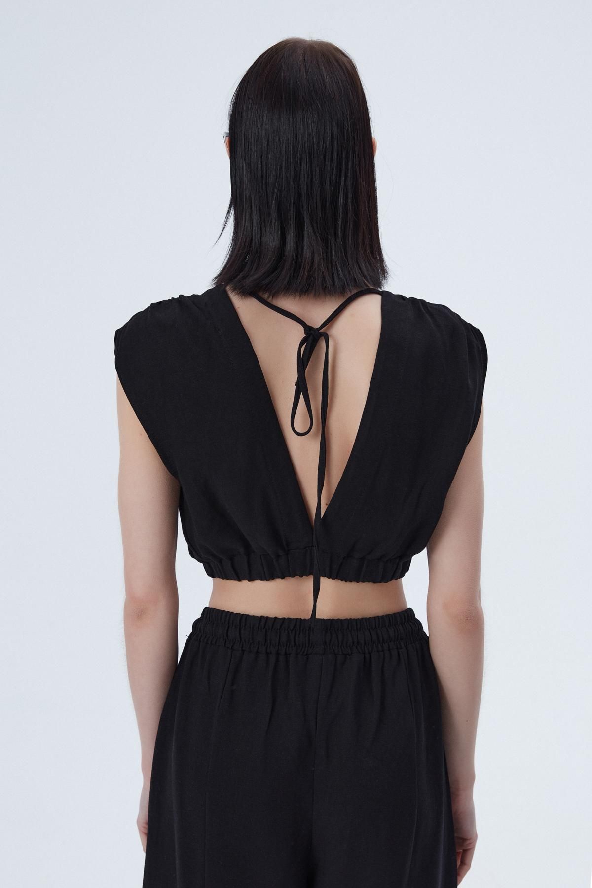 Pleated Off-the-Shoulder Crop Blouse Black