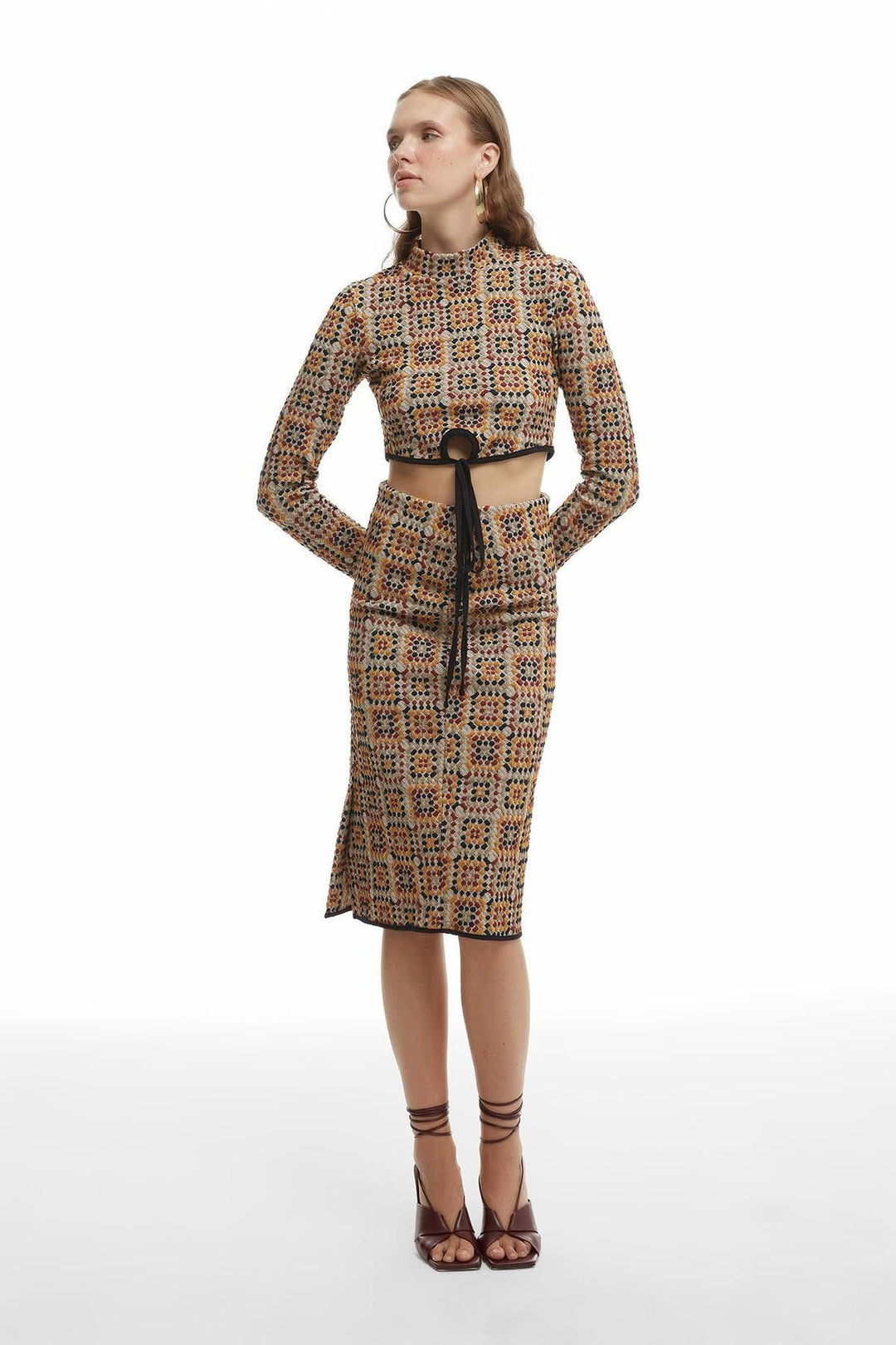 Textured Midi Length Skirt Beige