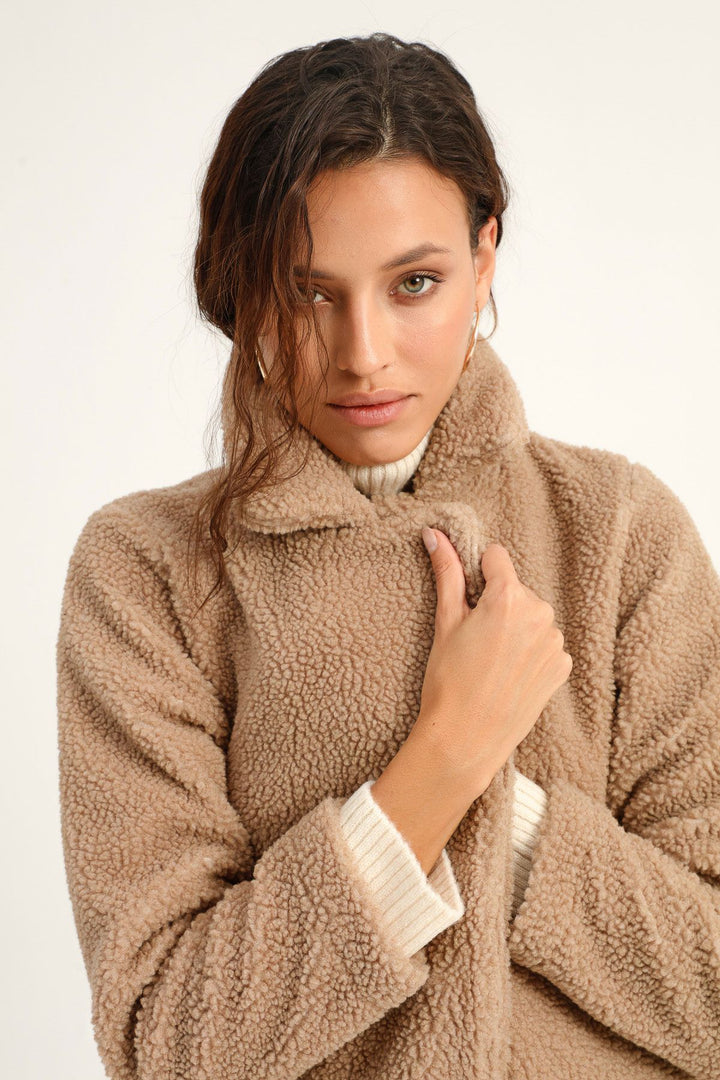 Peluş Tek Düğmeli Kaban Bej
