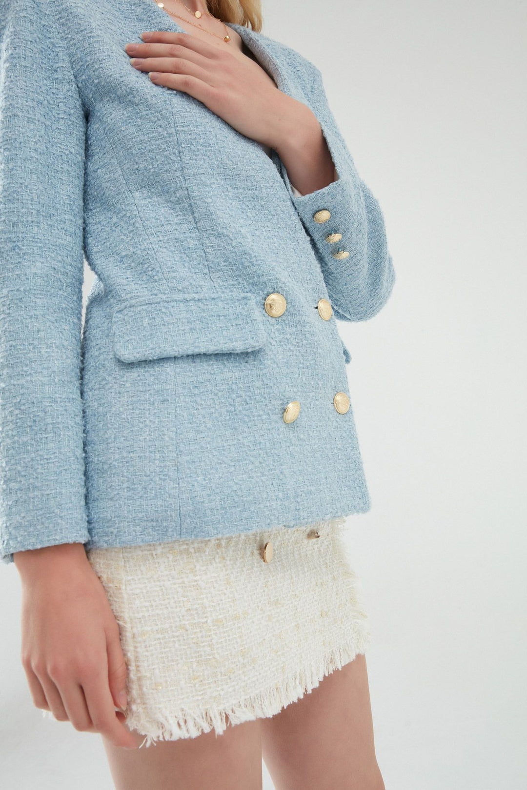 Double Breasted Tweed Blazer Jacket Blue