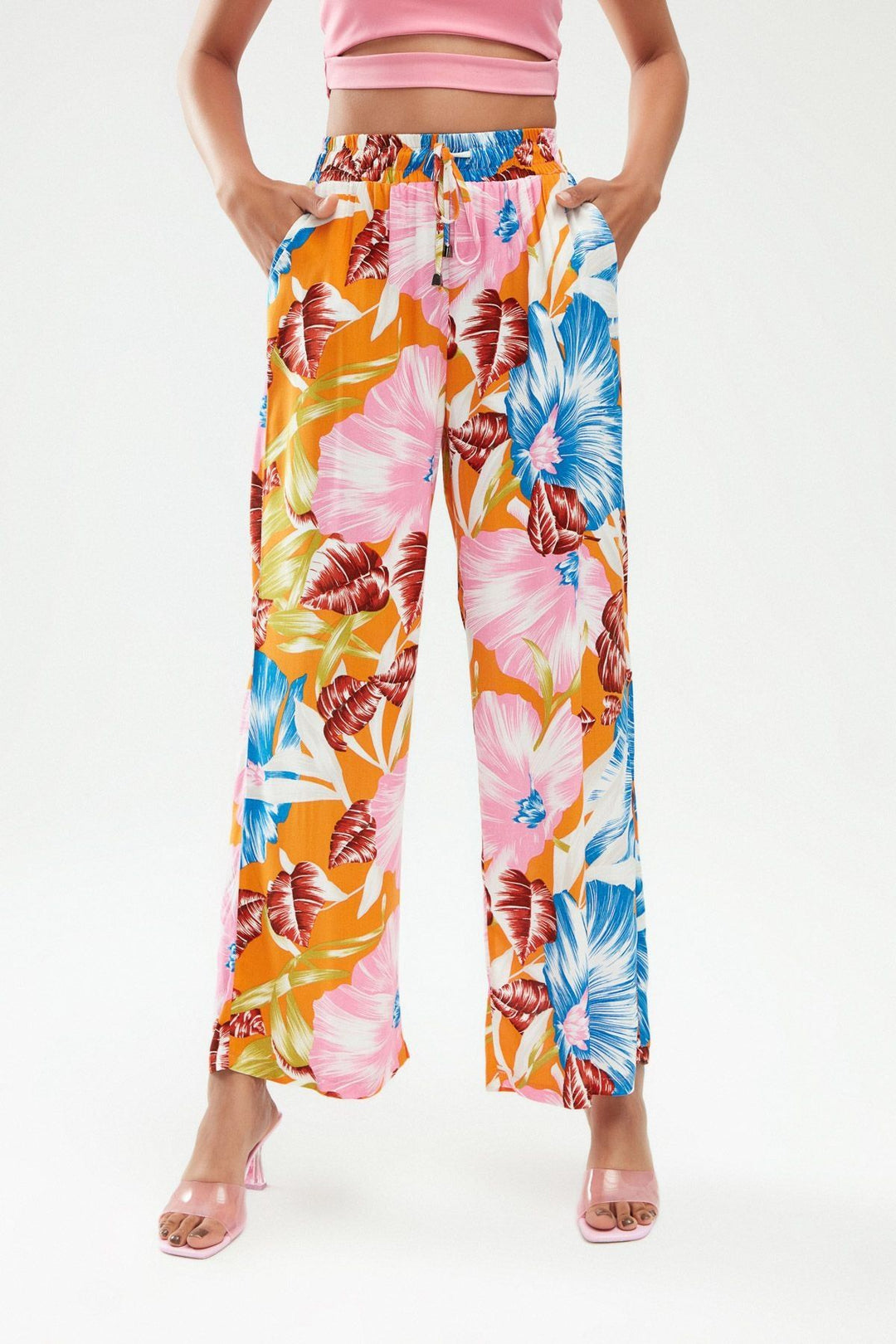 Desenli Beli Lastikli Pantolon Turuncu