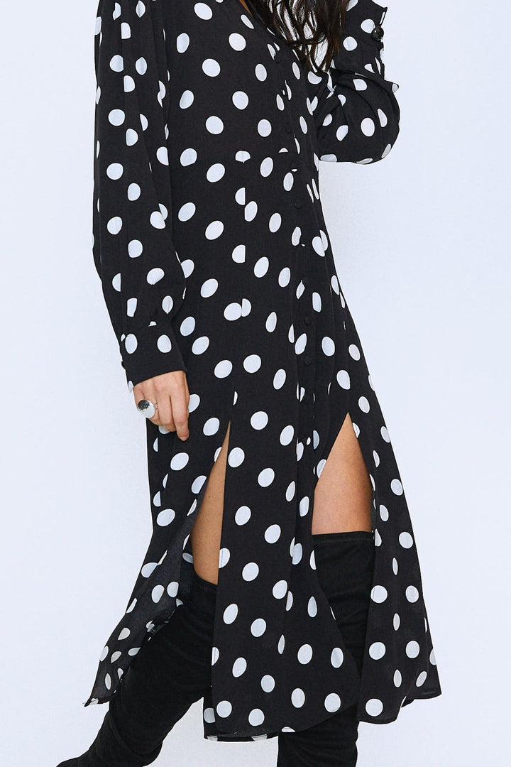 Button Front V-Neck Dress Black