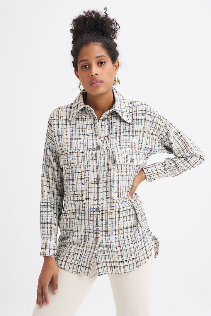 Tweed Pocketed Plaid Shirt Blue