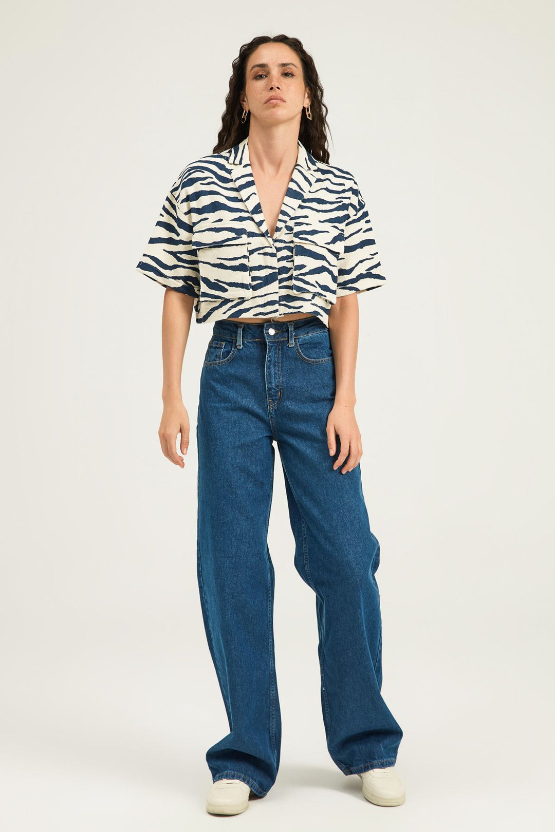 Zebra Desen Crop Gömlek İndigo