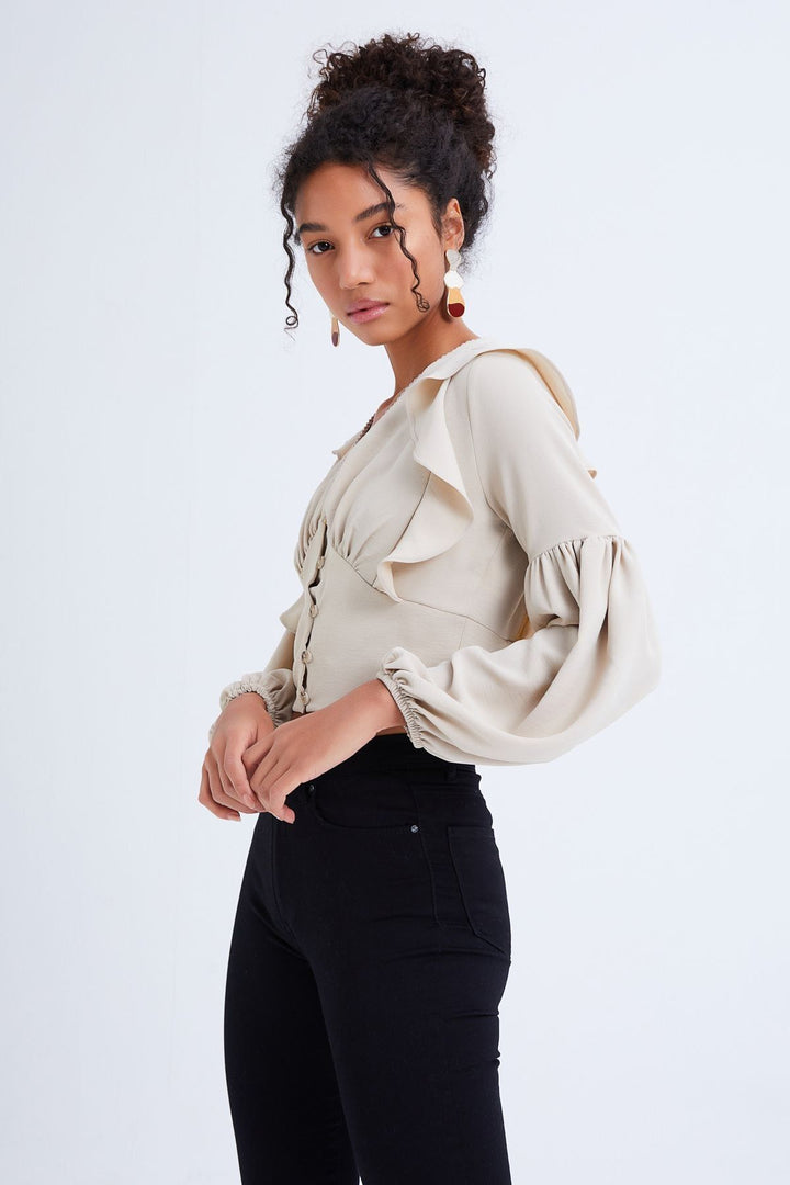 Button Front V-Neck Ruffle Blouse Stone