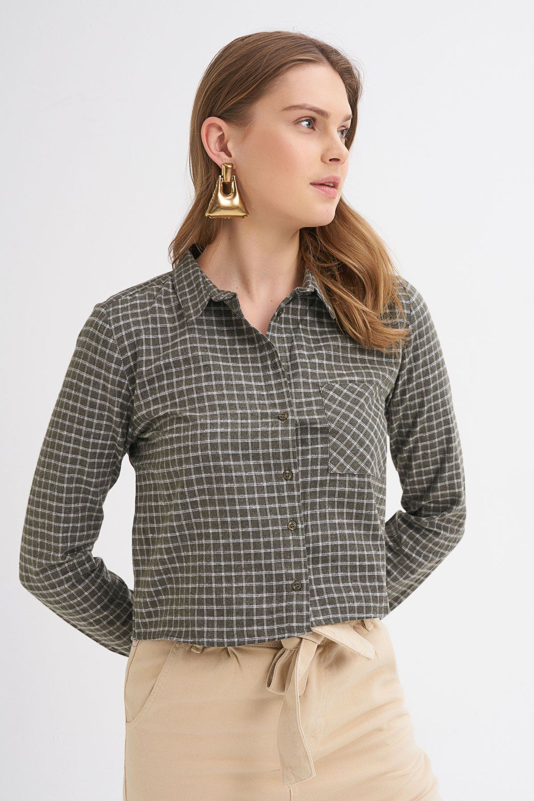 Tek Cepli Ekose Gömlek Haki