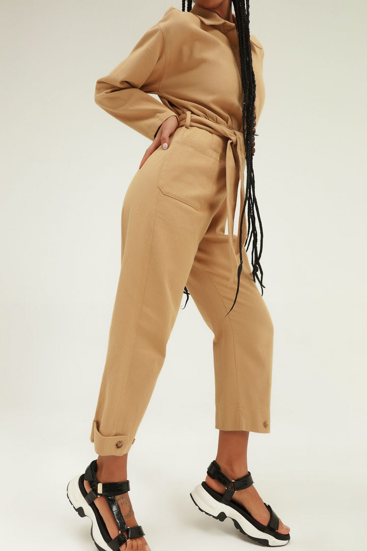 Kemerli Gömlek Yaka Tulum Camel