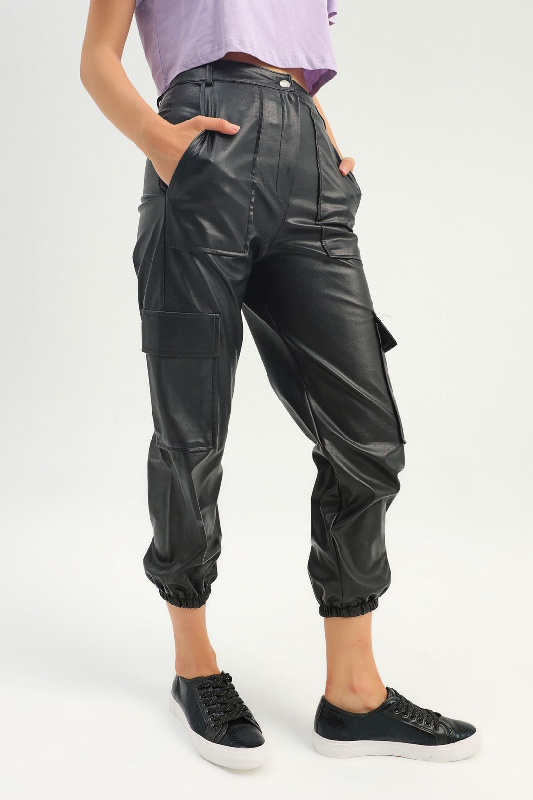 Kargo Cepli Deri Jogger Pantolon Siyah