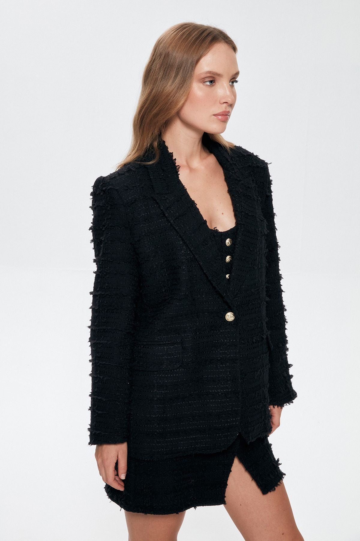 Single Button Tweed Blazer Jacket Black