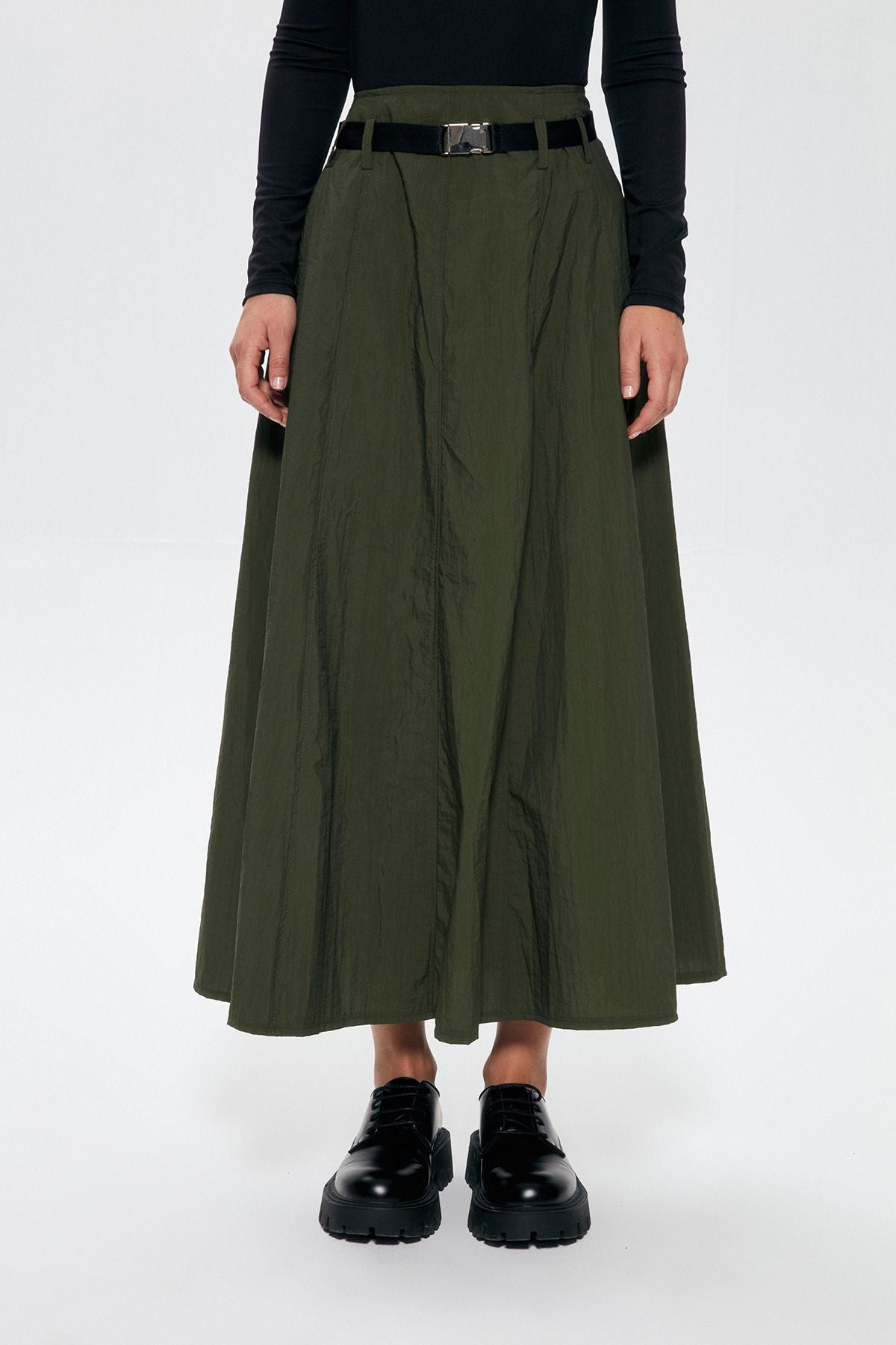 Belted Waist Technical Fabric Skirt Khaki