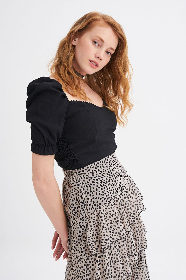 Balloon Sleeve V Neck Crop Blouse Black