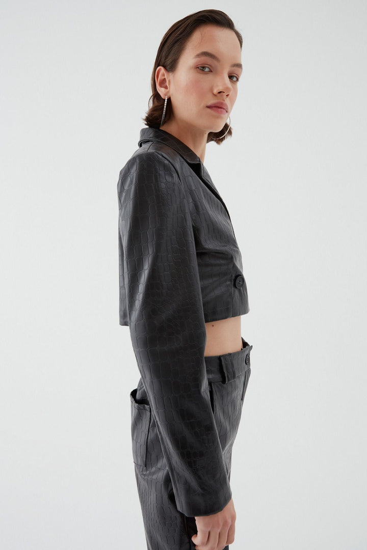 Dokulu Deri Büstiyerli Blazer Ceket Siyah