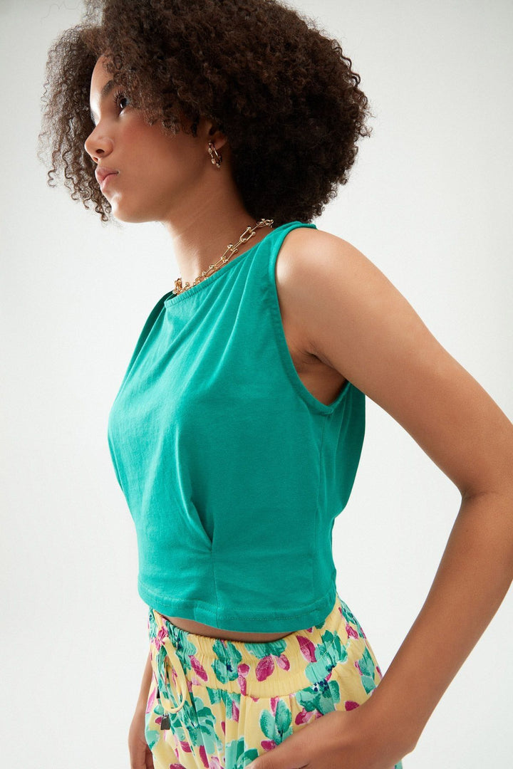 Omuzları Büzgülü Tişört Koyu Yeşil