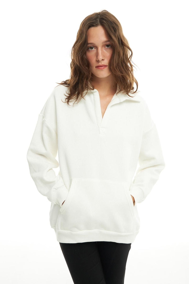 Kangaroo Pocket Polo Neck Sweatshirt Ecru