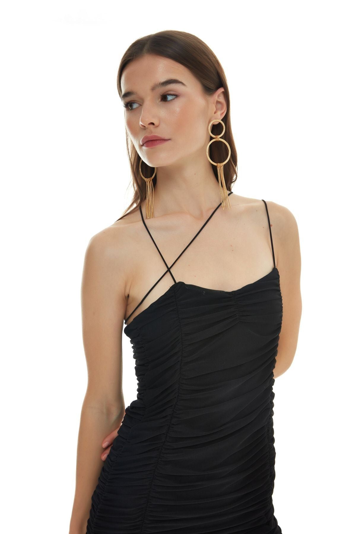 Ruffle Detailed Tulle Mini Dress Black
