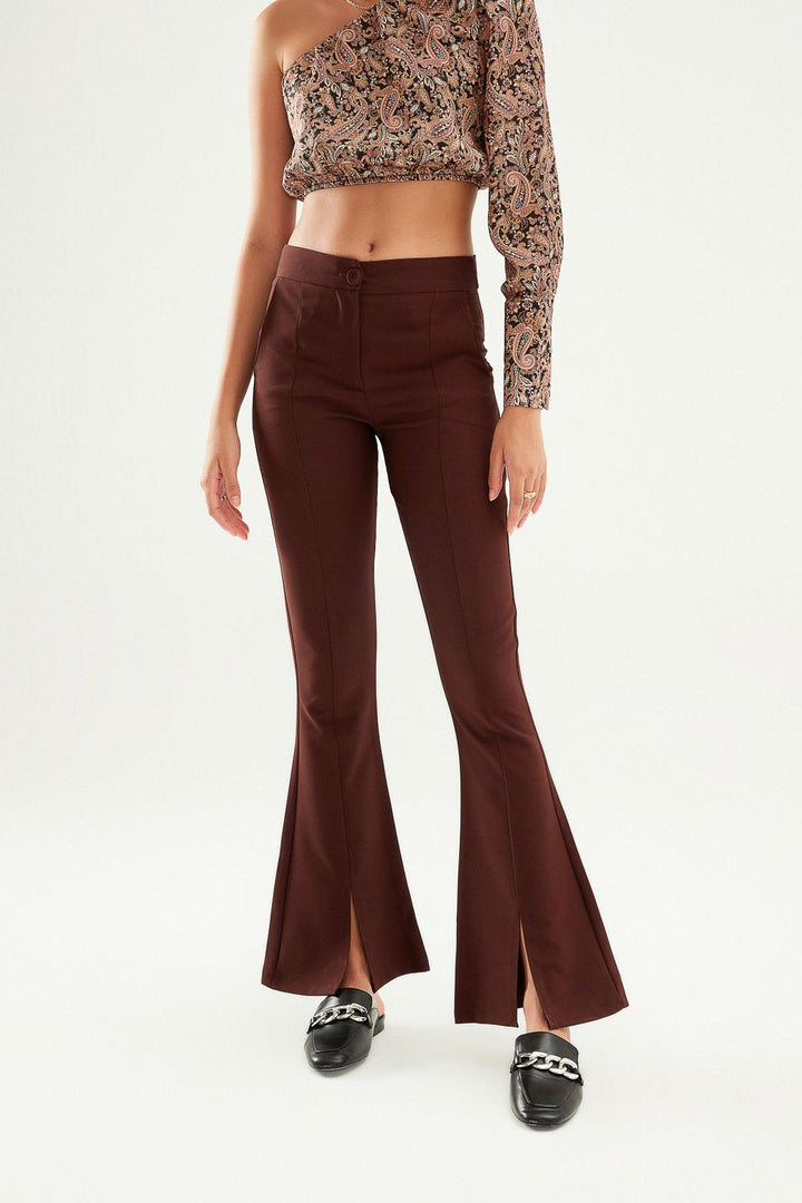 İspanyol Paça Yüksek Bel Pantolon Koyu Kahve