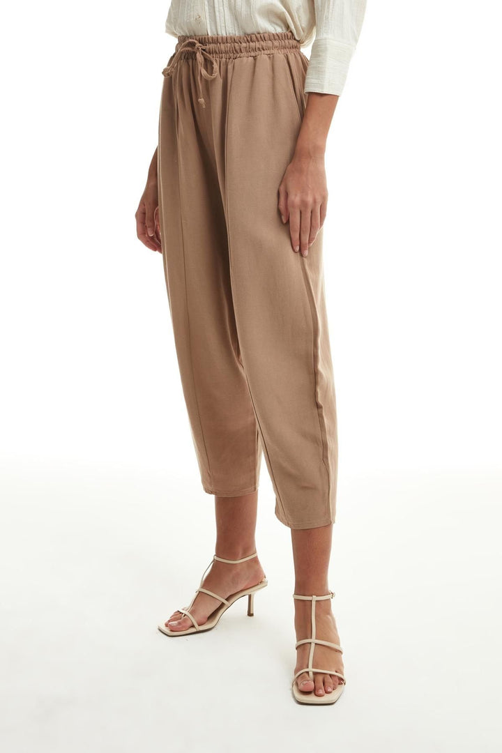 Beli Lastikli Keten Pantolon Vizon