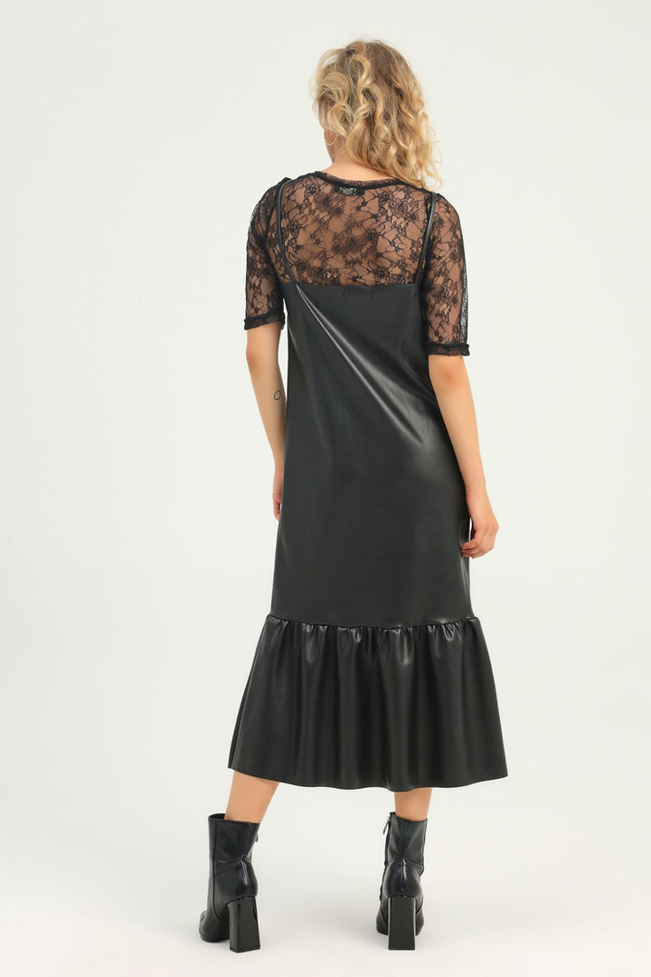 Strap Leather Dress With Lace Blouse Black