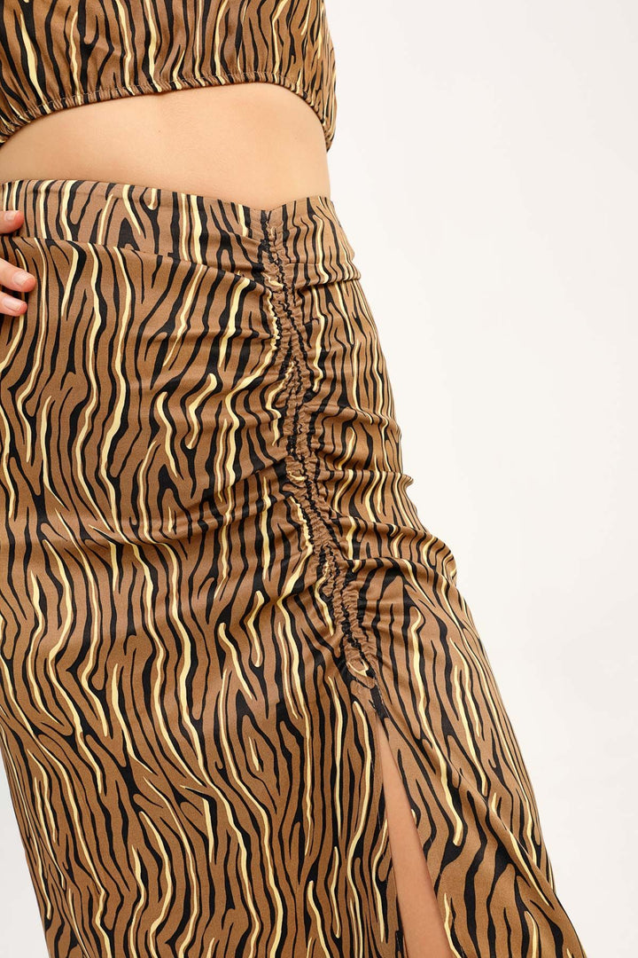 Patterned Ruffle Detailed Skirt Brown