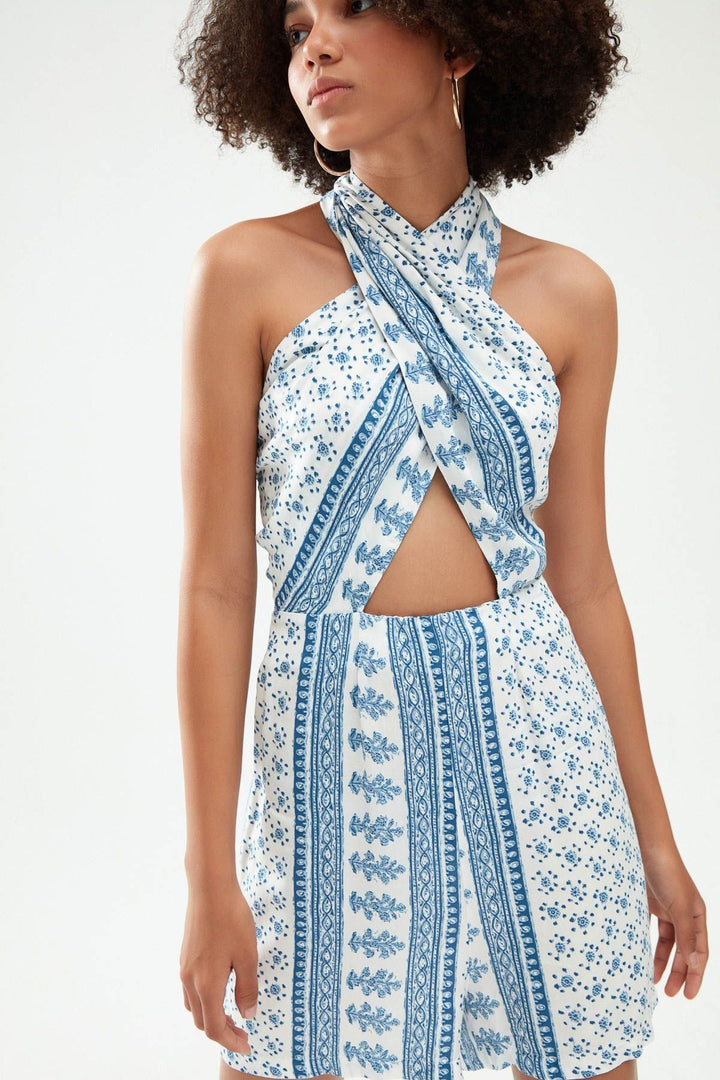 Halterneck Shorts Jumpsuit Blue