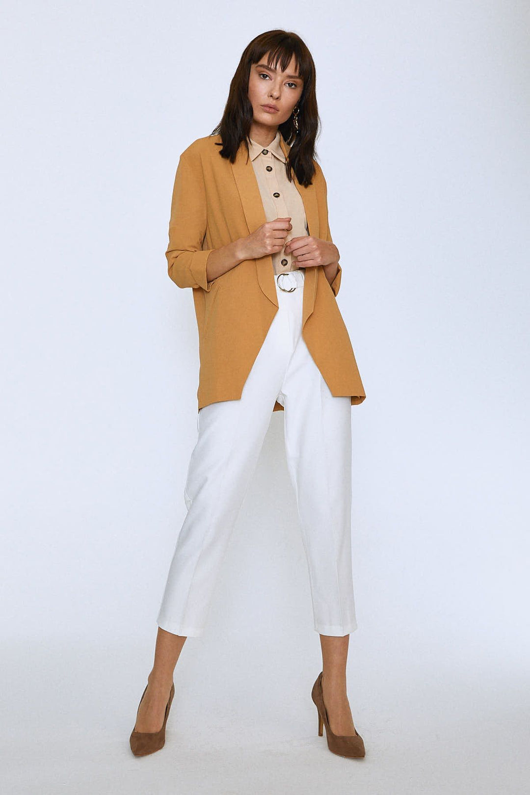 Şal Yaka Fileto Cepli Ceket Camel