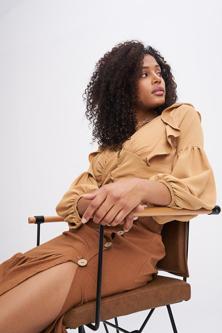 Buttoned Slit Linen Skirt Brown