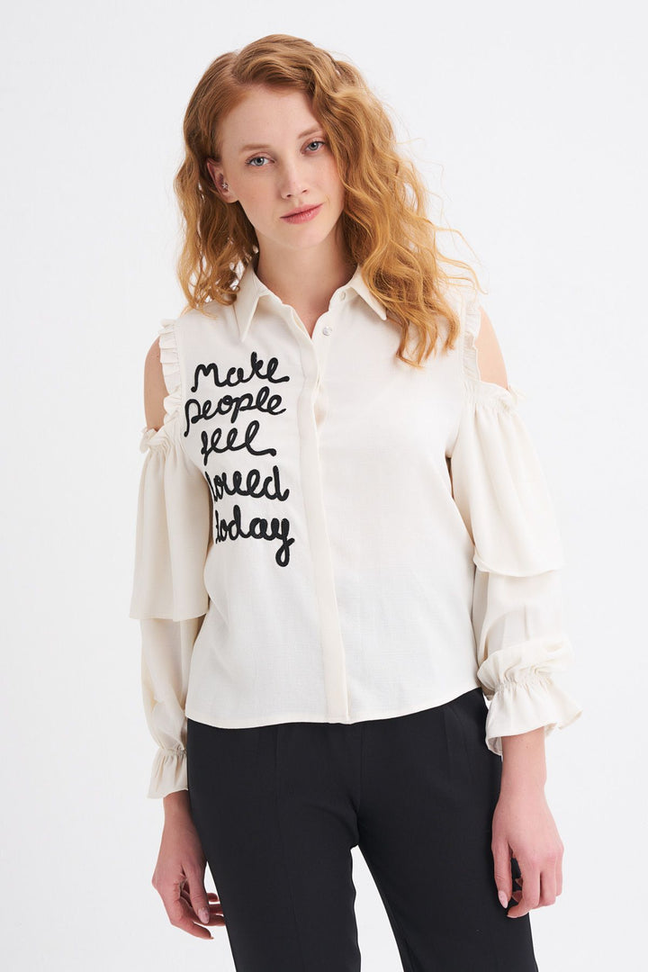 Embroidered Ruffle Detailed Off-Shoulder Shirt Ecru