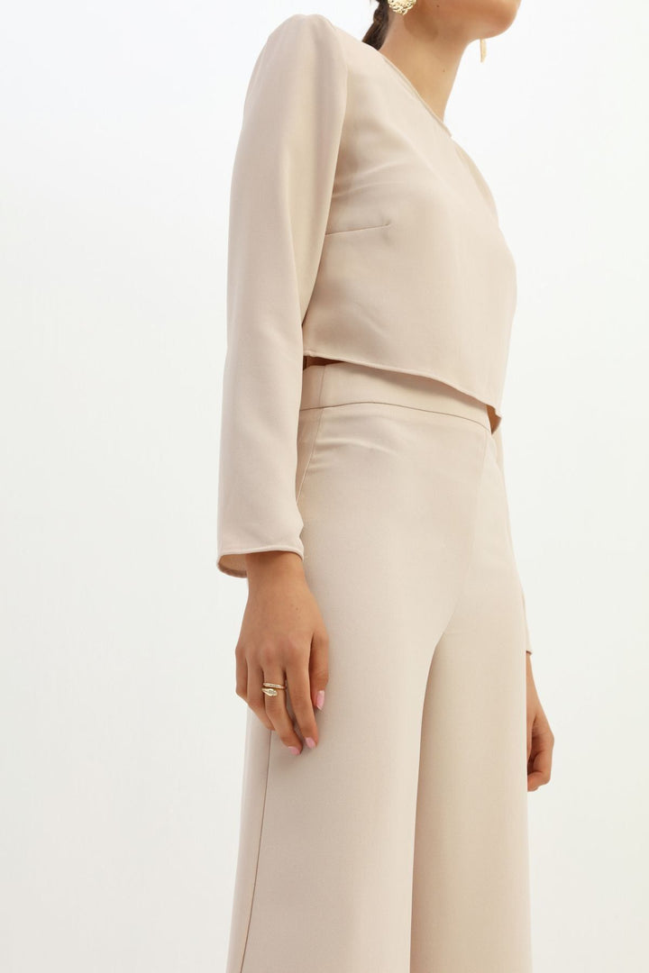 Yüksek Bel Bol Paça Pantolon Bej