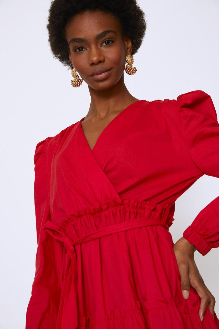 Kolları Vatkalı Kuşaklı Elbise Kırmızı