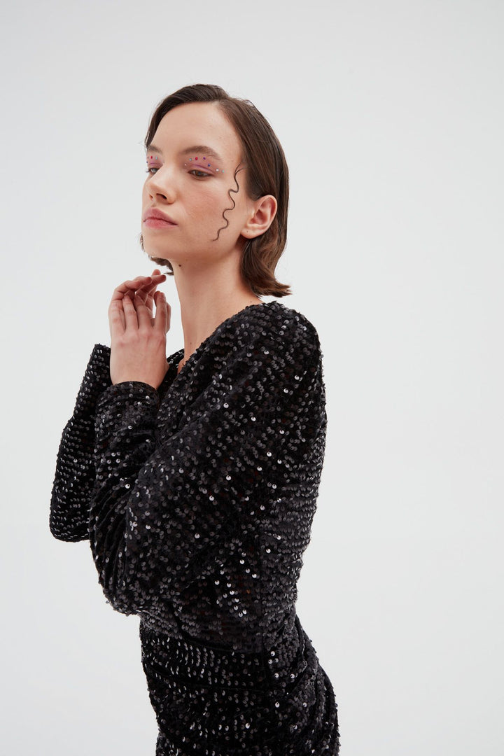 Payetli Kruvaze Mini Elbise Siyah