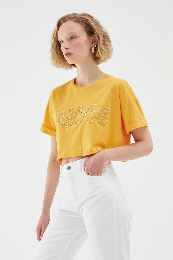 Aksesuar Baskılı Crop Tişört Turuncu