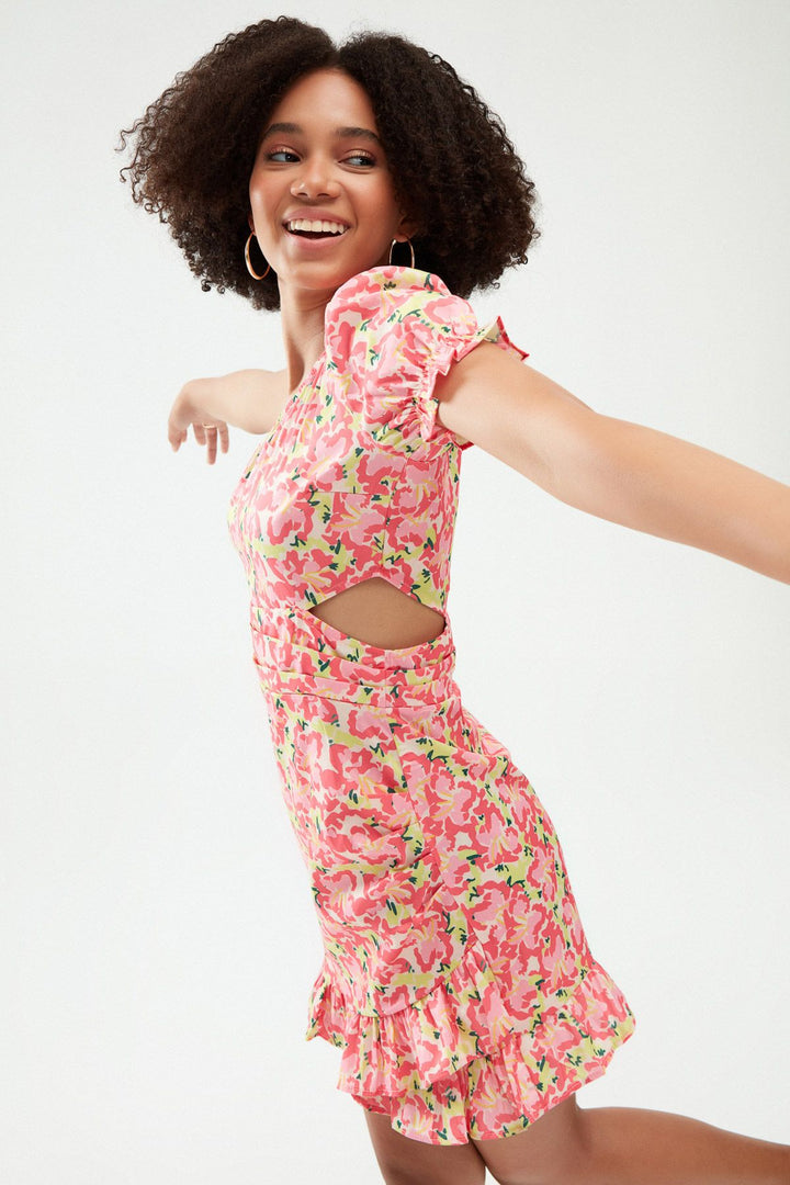 Floral One Shoulder Decollete Dress Pink