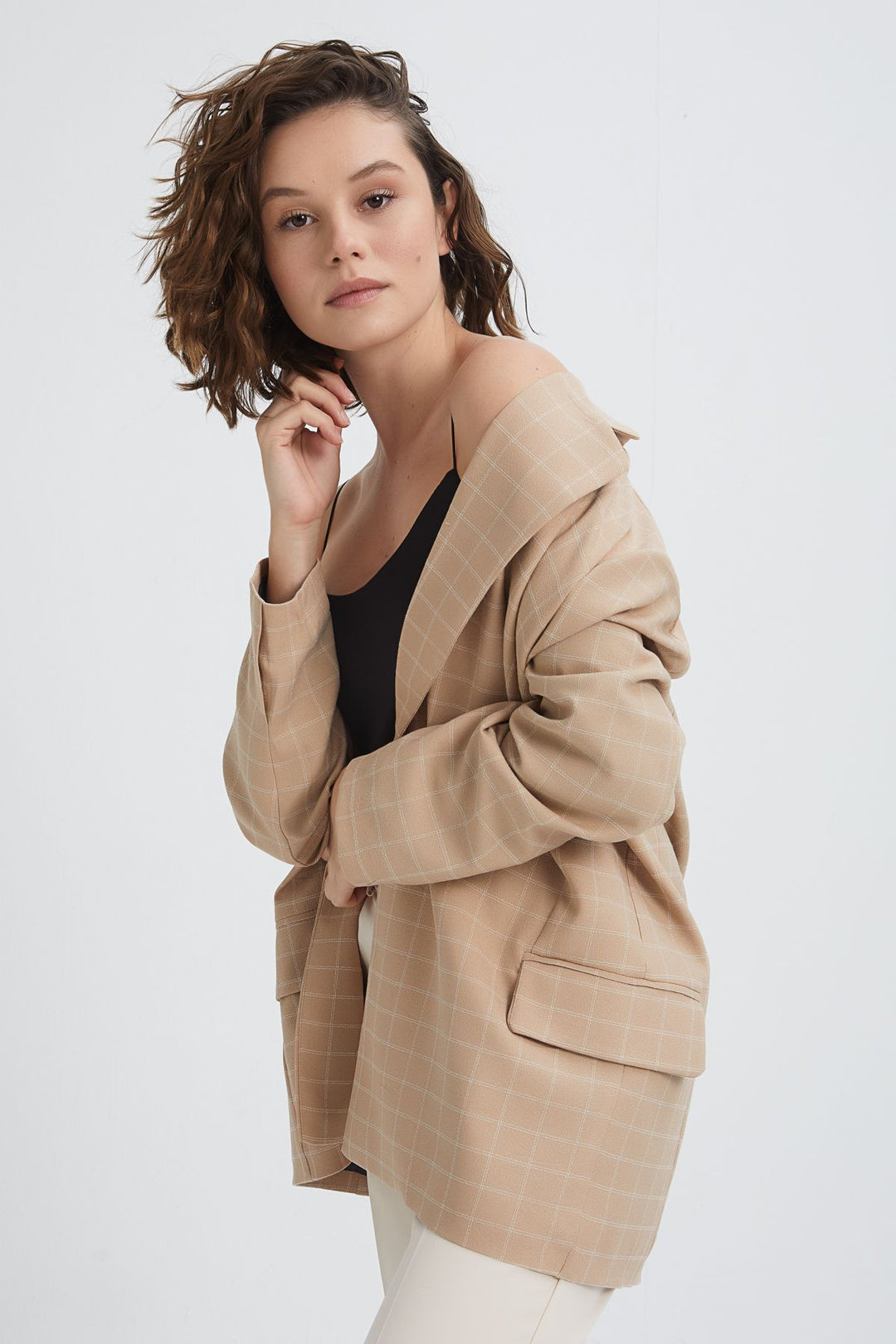 Kareli Oversize Blazer Ceket Bej