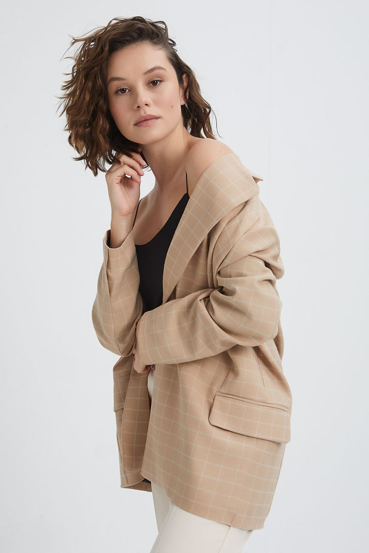 Kareli Oversize Blazer Ceket Bej