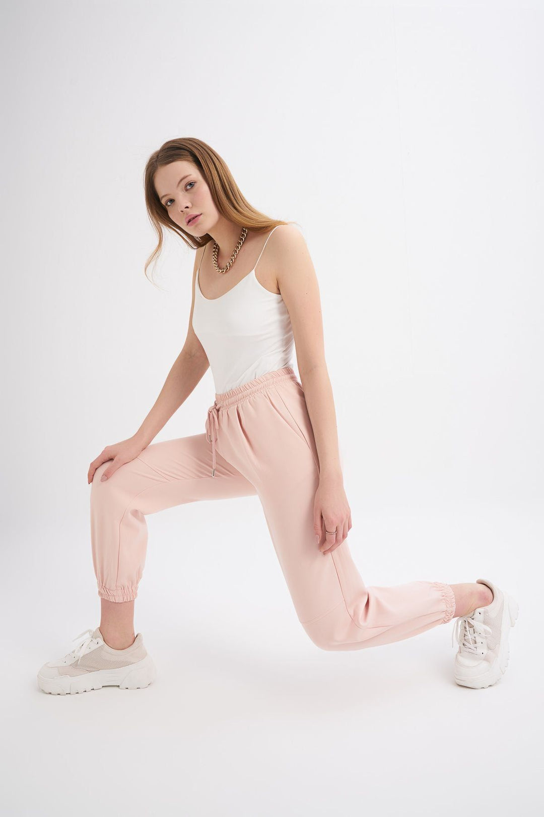 Paçası Lastikli Pantolon Pudra