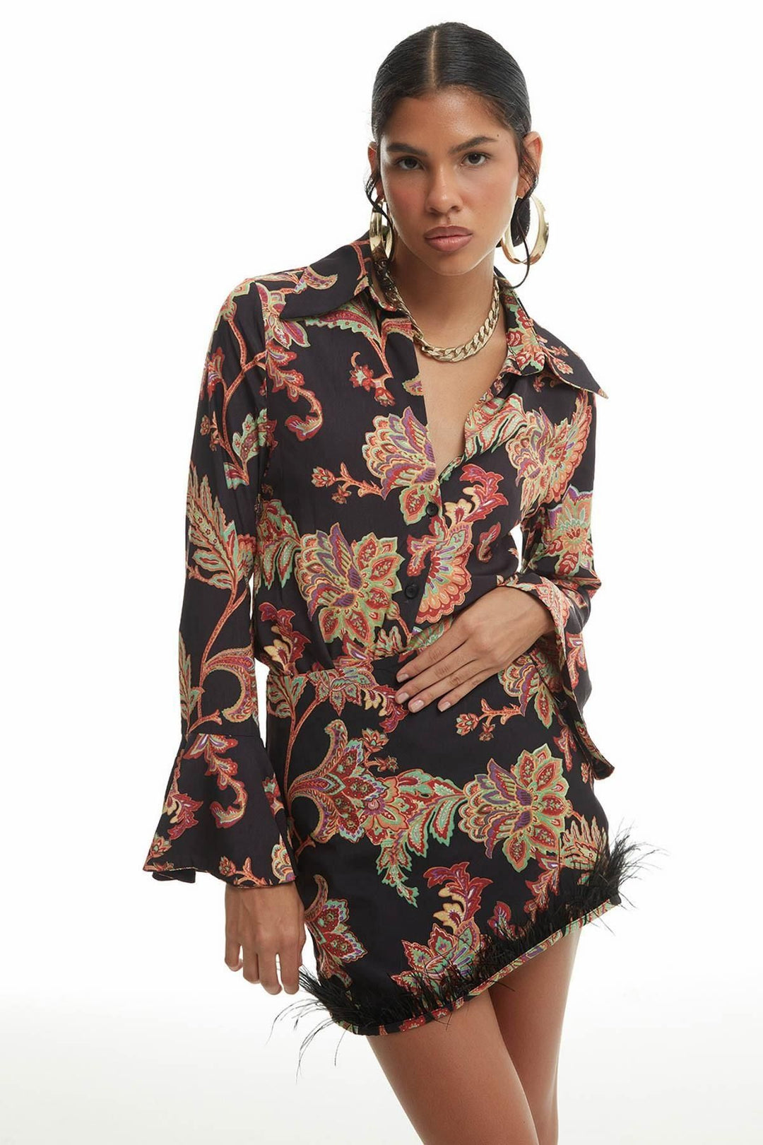 Patterned Feather Detailed Mini Skirt Black