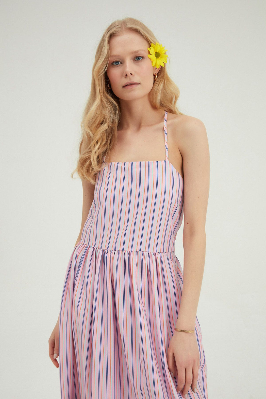 Striped Cross-Strap Long Dress Pink