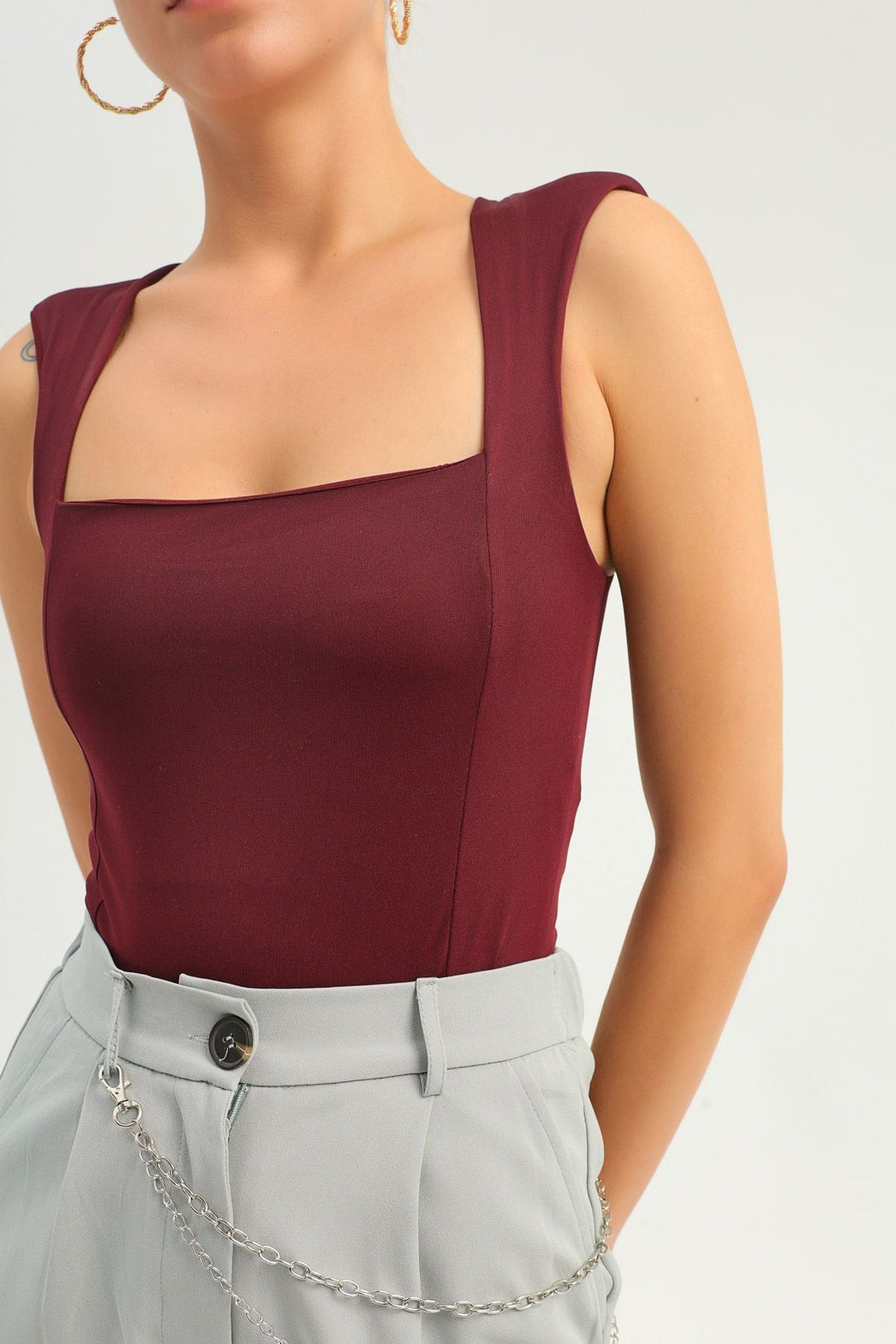 Waistcoat Square Neck Bodysuit Claret Red