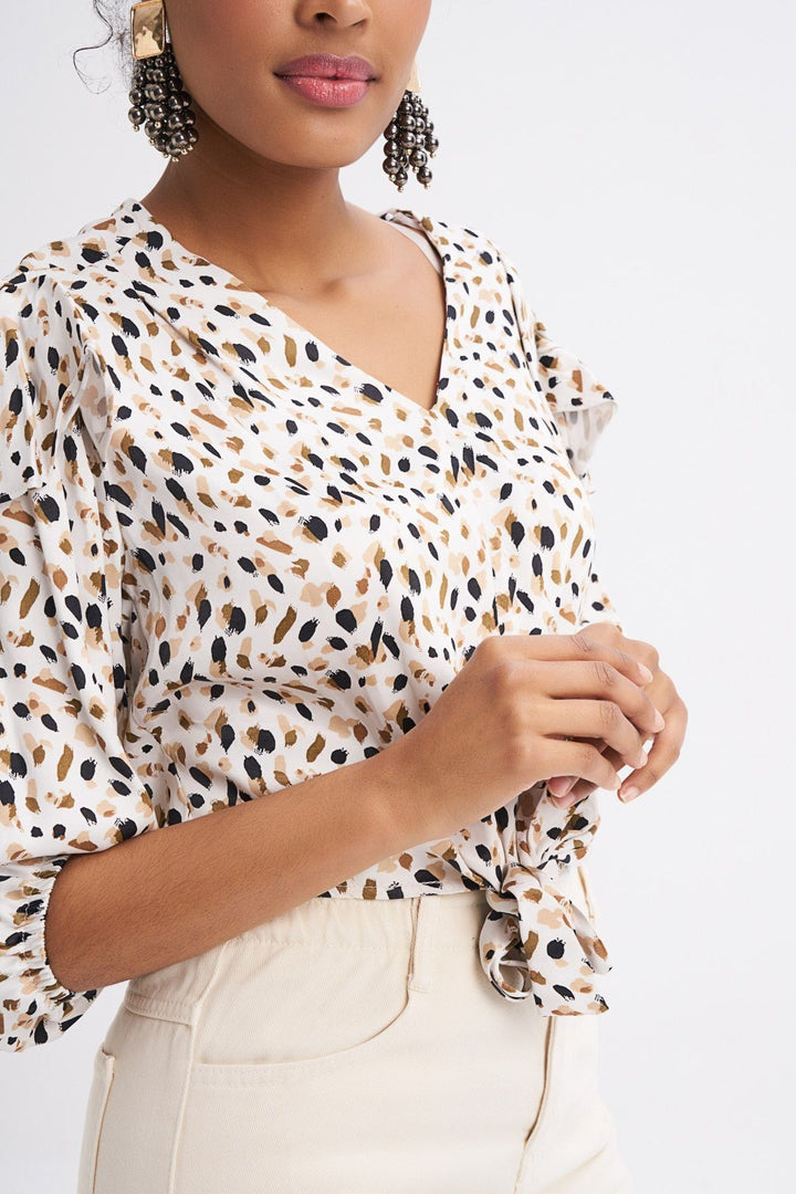 Patterned Tie Front Blouse Ecru