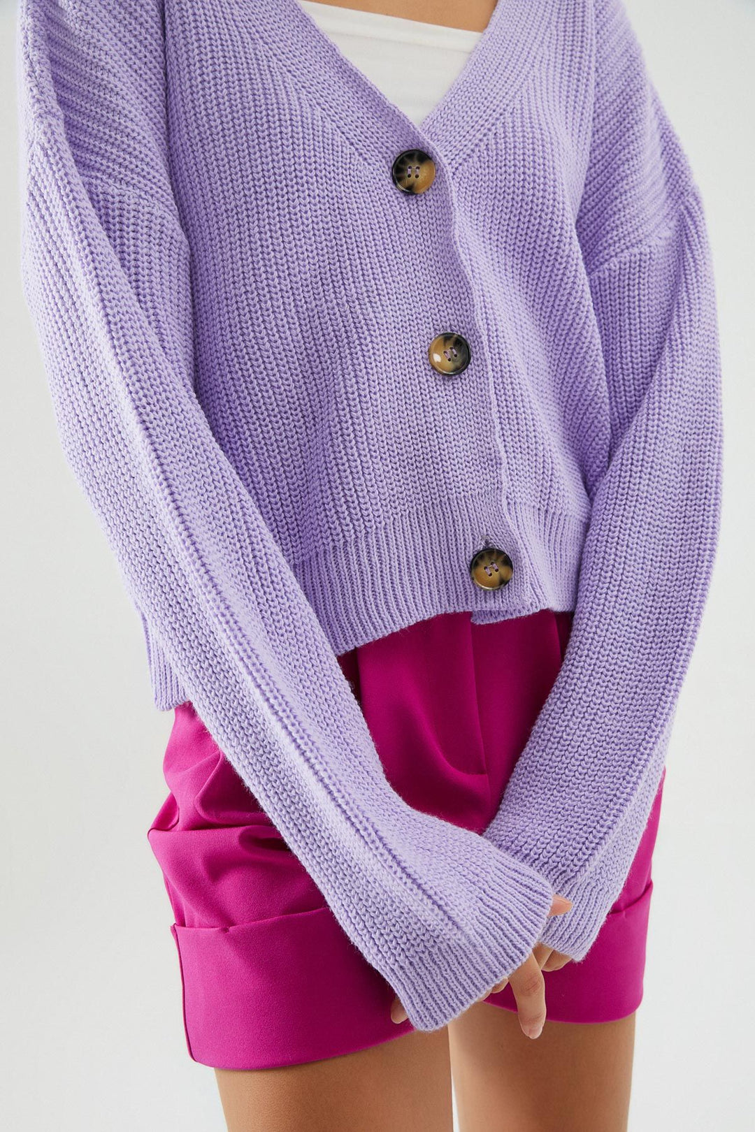 Düğmeli V Hırka Lila